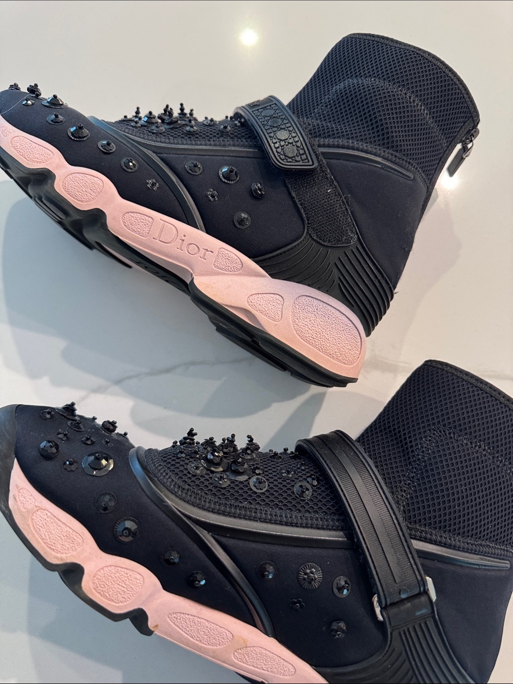 Dior Black Embellished Sock Sneakers with Pink Midsole - Picture 7 of 9